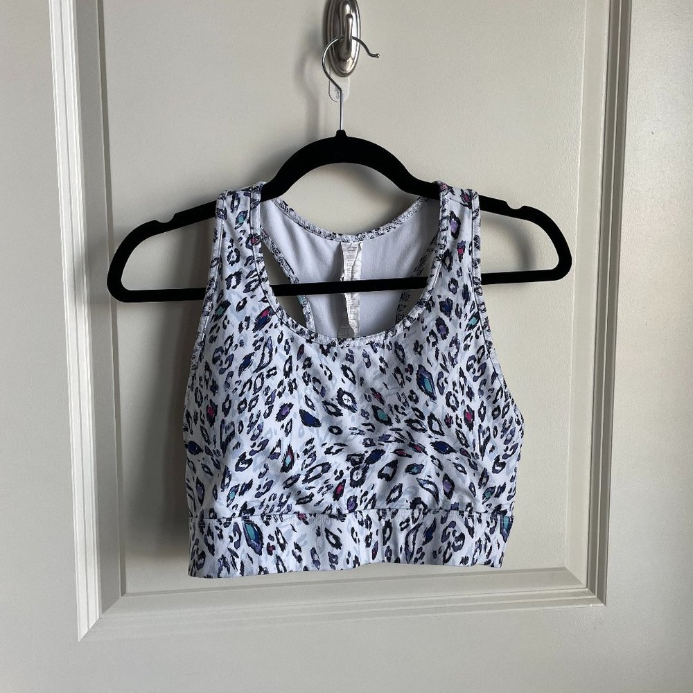 Fabletics Medium Impact Sports Bra, White Leopard Print, Large